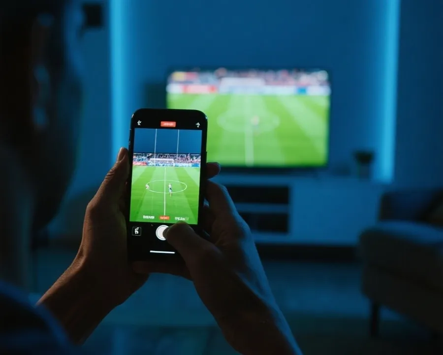 在手機與大螢幕間切換的觀賽情境示意