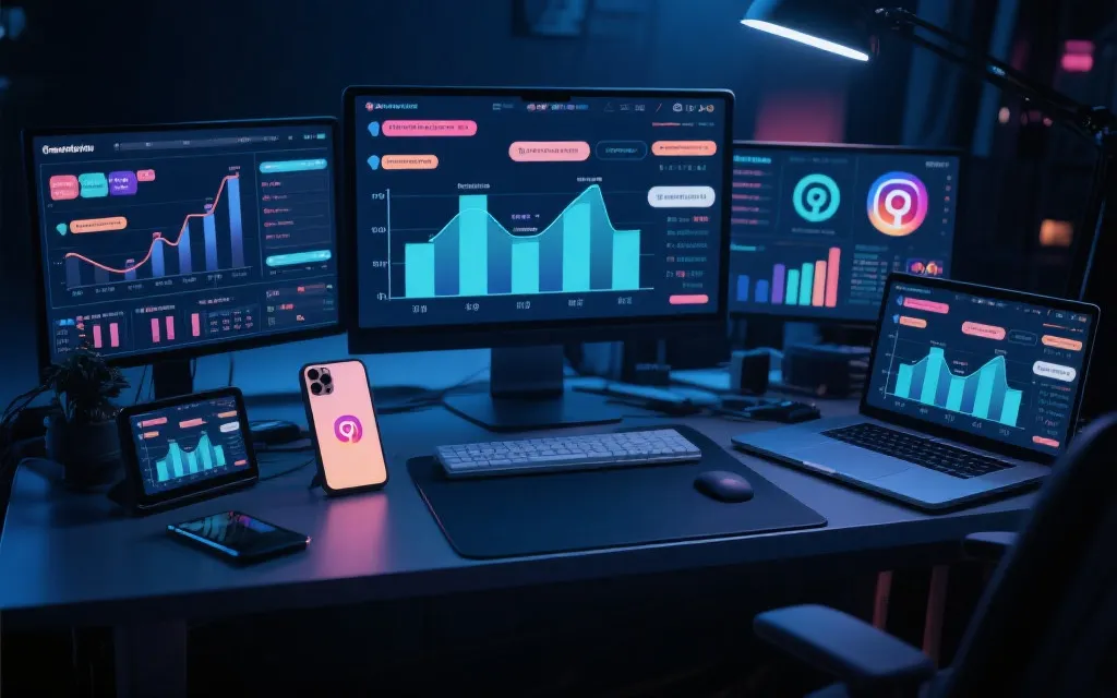 手机端直播与社交媒体多平台同时运营的工作台场景